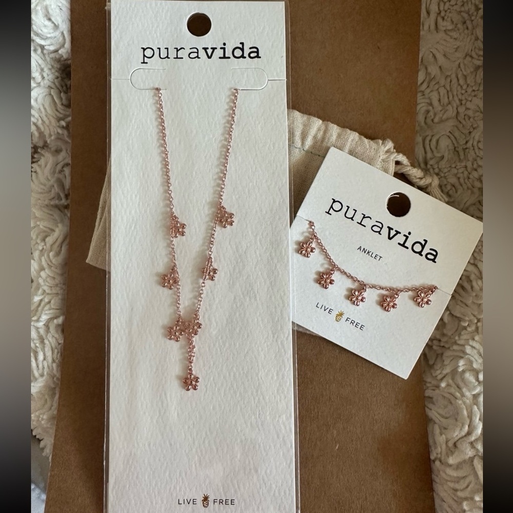 PURA VIDA Bitty Daisy Rose Gold Choker & Anklet Bundle! NEW Retail $44!